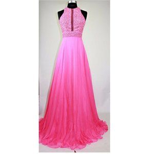 Women's Formal SHEER Embroidery Beaded Lace bodice Long Evening Gown prom dress